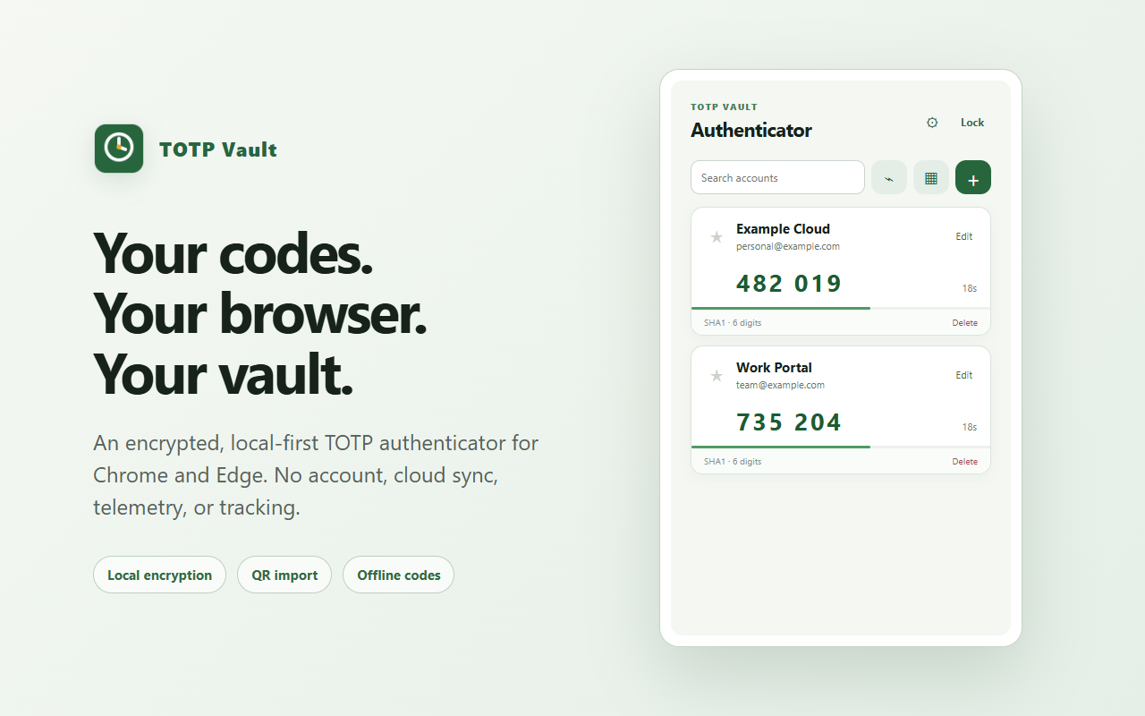 TOTP Vault extension showing encrypted authenticator accounts